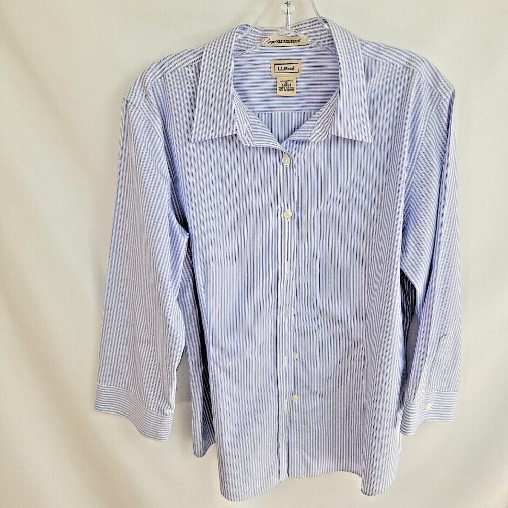 L.L. Bean Sz L Wrinkle Resistant Button Down Striped Shirt White Blue Cotton 3/4